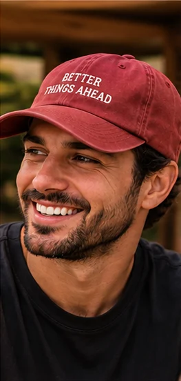Homem sorrindo com boné Better Things Ahead vermelho